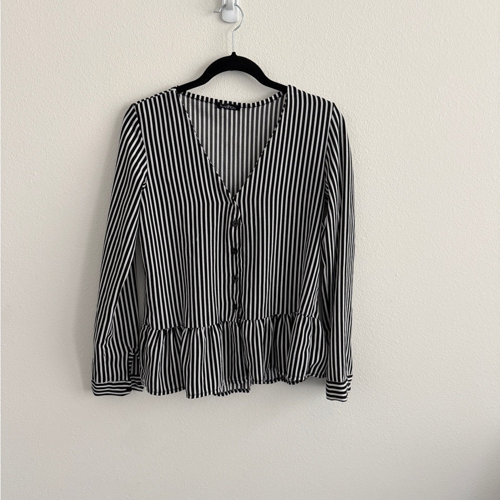 Boohoo Black & White Vertical Stripe V-Neck Button Peplum Blouse